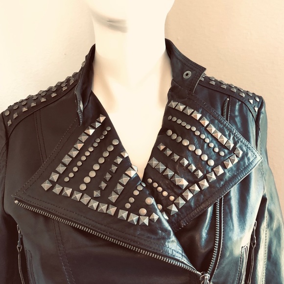 Studded Dark Brown Leather Moto Jacket by Mango-Sz S-EUC - Picture 2 of 8